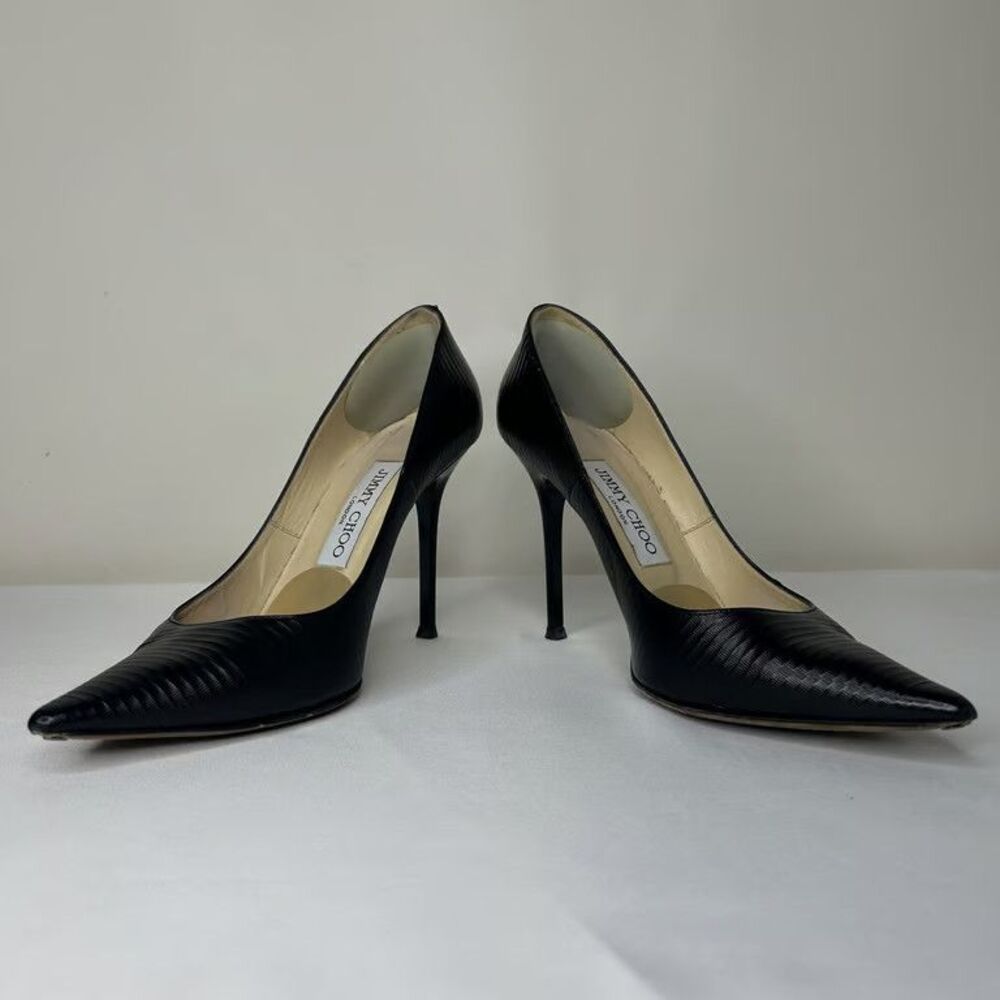 Jimmy Choo Black Ribbed Leather Pumps Pointed Toe Stiletto Heels Womens Size 36
